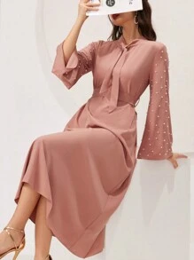 Modelyn 女士純色帶扣頸帶珍珠裝飾連衣裙 - 藕粉色 - 查看 1