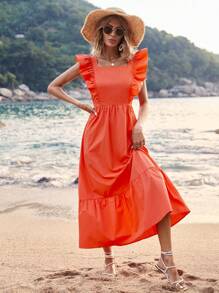 SHEIN VCAY Summer Women Beach Clothes Solid Orange Color Holiday Style Backless Bow-Knot Strap Ruffle Hem Long Dress - Orange - View 7