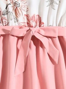 少女優雅甜美蕾絲花朵印花蓋袖拼布連身裙 - 粉色 - 查看 7