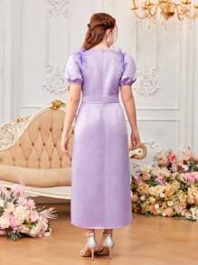 SHEIN 青少年女孩缎面泡泡袖优雅连衣裙 - 紫色 - 查看 2