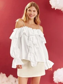 Enchnt Women Blouses Appliques Frill Ruffle Plain Lucu - Putih - View 1