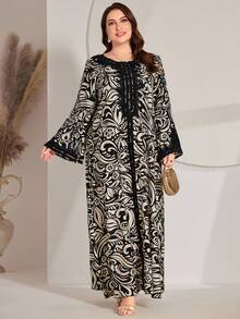 Plus Size Women's Allover Lace Patchwork Arabic Style Dress - Multicolor - View 4
