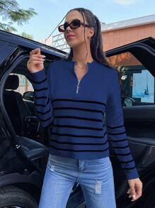 SHEIN Unity Pulover tricotat cu dungi și fermoar pe jumătate, toamnă-iarnă - Multicolor - Vizualizare 3