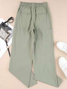 Acelitt Women's Drawstring Waist Casual Long Pants, Minimalist Style For Daily Wear - Green - View 4