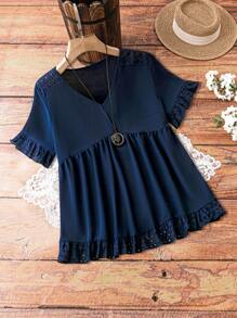 EMERY ROSE Plus Size Solid Color Hollow Out Embroidery Patchwork Shirt Peplum Top - Navy Blue - View 1