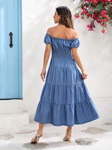 SHEIN VCAY Women's Loose Off Shoulder Denim Dress With College Style