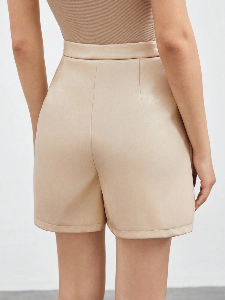 Women's Solid Color Pleated Shorts With Slanted Pockets For Casual Occasions