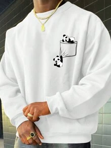 Men's Panda Printed Crewneck Pullover Sweatshirt - White - View 1