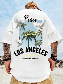 Manfinity Homme 男款大尺碼t卹,印有椰樹、鴿子和字母 - 白色 - 查看 1