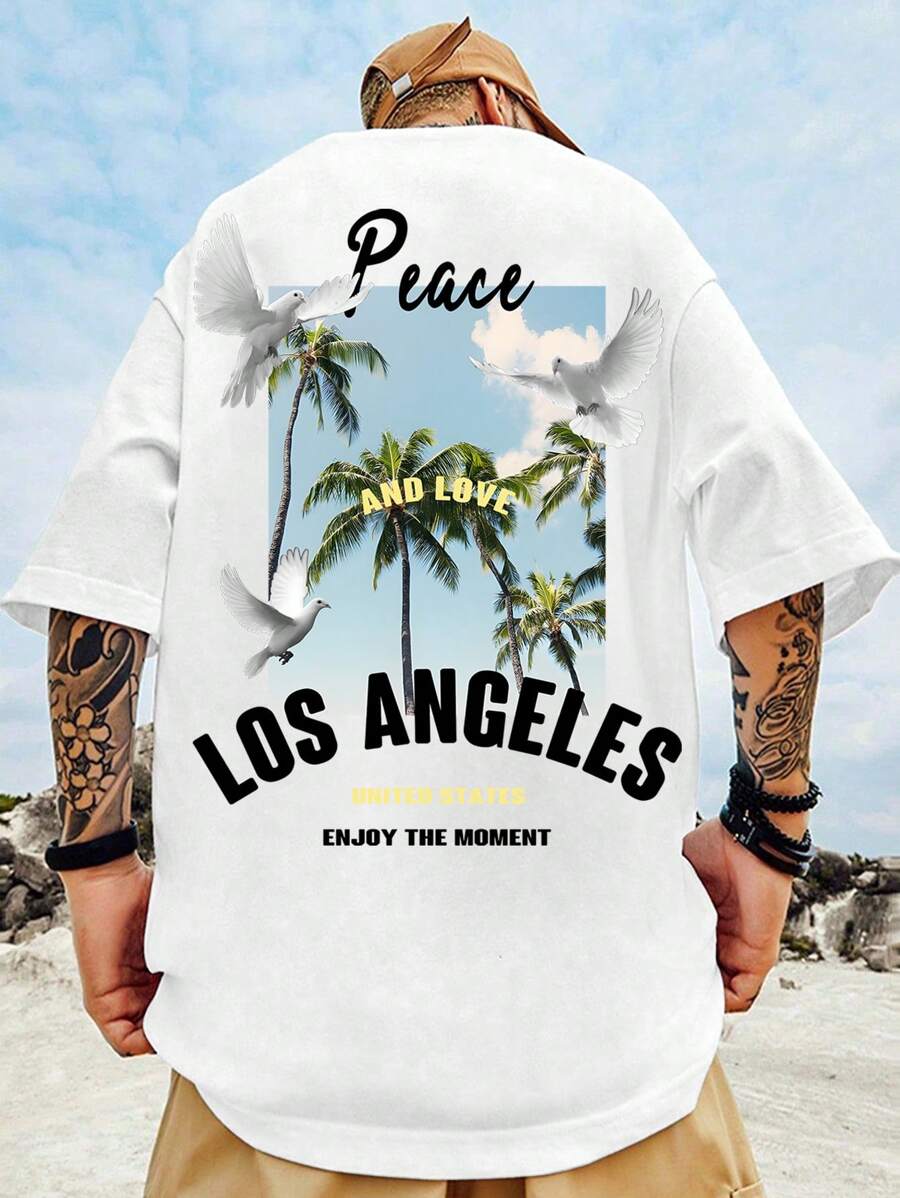 Manfinity Homme 男款大尺碼t卹,印有椰樹、鴿子和字母 - 白色 - 查看 1