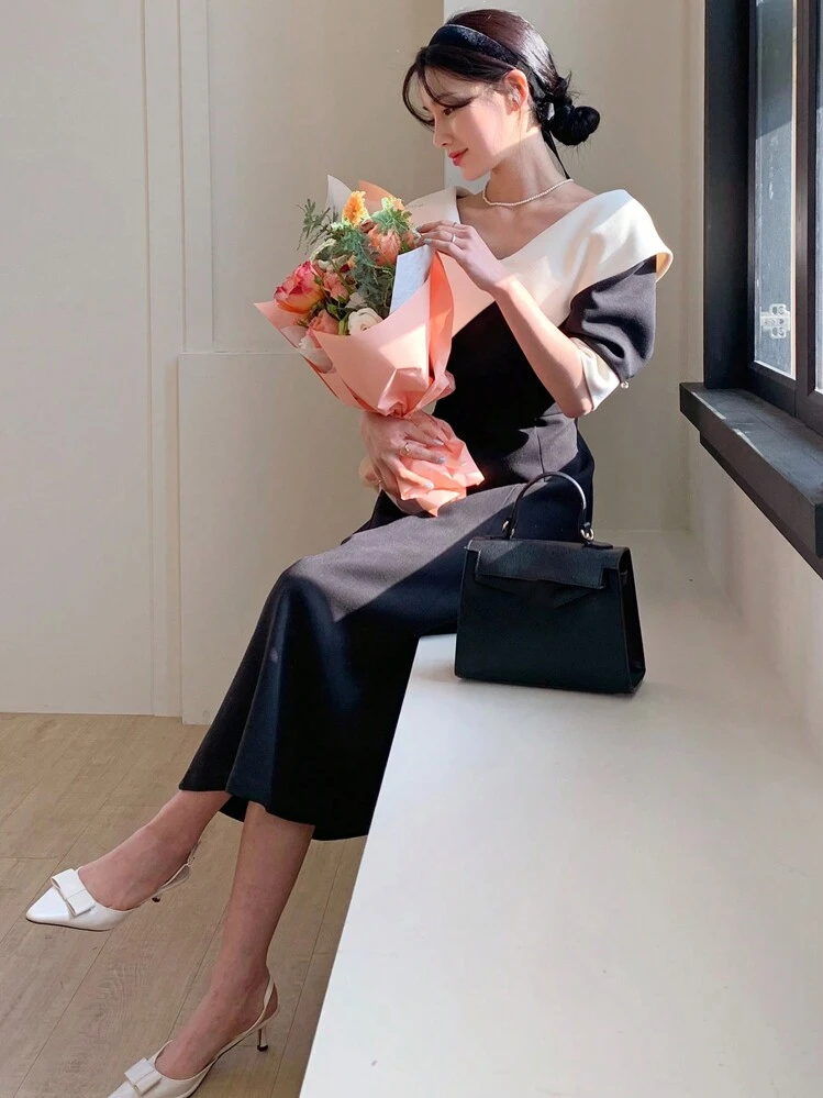 DAZY Women's Contrast Color Turn-Down Collar Short Sleeve Dress Sundress Maxi Dress - Black - View 4