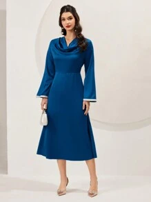 Modelyn Women's Draped Collar Color Block Trim Bell Sleeve A-Line Dress Long Evening Dresses