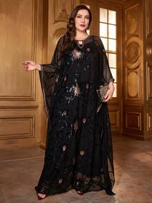 Plus Size Sequined Floral Pattern Batwing Sleeve Modest Dress