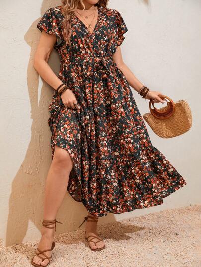 SHEIN Clasi Plus Size Women's Full Print Floral Pattern Lotus Leaf Short Sleeve Summer Boho Dress Women Outfit