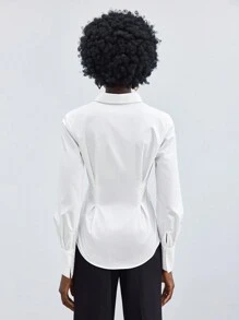 BizChic Women's Solid Color Long Sleeve Waist-Cinching Shirt - White - View 2