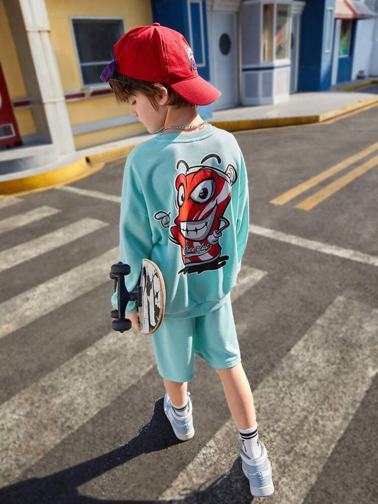 Boys And Girls Casual Cartoon Print Pattern Round Neck Pullover Long-Sleeved Top Shorts Knitted Two-Piece Set