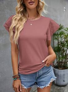 SHEIN Clasi Của phụ nữ Màu thuần Xu hướng: Cắt giảm Thêu Ngắn tay Áo thun - Bụi hồng - Xem 3