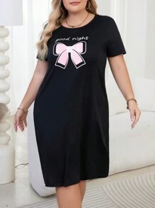 SHEIN Women's Plus Size Casual Sleep Dress Pajama Dress With Bowknot & Letter Print - Black - View 3
