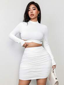 SHEIN Unity Women's Stand Collar Cutout Long Sleeve Top And Pleated Skirt Set - White - View 3