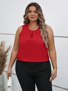 SHEIN Clasi Plus Size Round Neck Sleeveless Blouse - Red - View 8