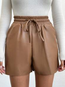 EURMUSE Của phụ nữ Eo dây rút chất liệu da PU Quần short - Lạc đà - Xem 1