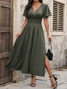 SHEIN LUNE Vestido Con Cuello En V, Manga Corta Y Falda Acampanada Para Mujer - Verde militar - Ver 6