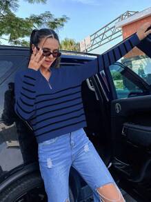 SHEIN Unity Pulover tricotat cu dungi și fermoar pe jumătate, toamnă-iarnă - Multicolor - Vizualizare 5