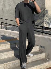 DAZY Nam Màu thuần Vòng cổ Áo thun Và Quần Mùa xuân/Mùa hè Bộ - Màu xám đen - Xem 5