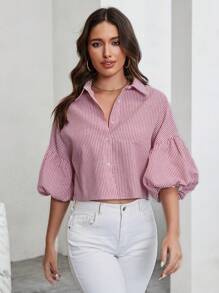 SHEIN Privé Ladies' Vertical Stripe Lantern Sleeve Blouse For Valentine'S Day, Dating , Parties And Summer Holiday - Red - View 1