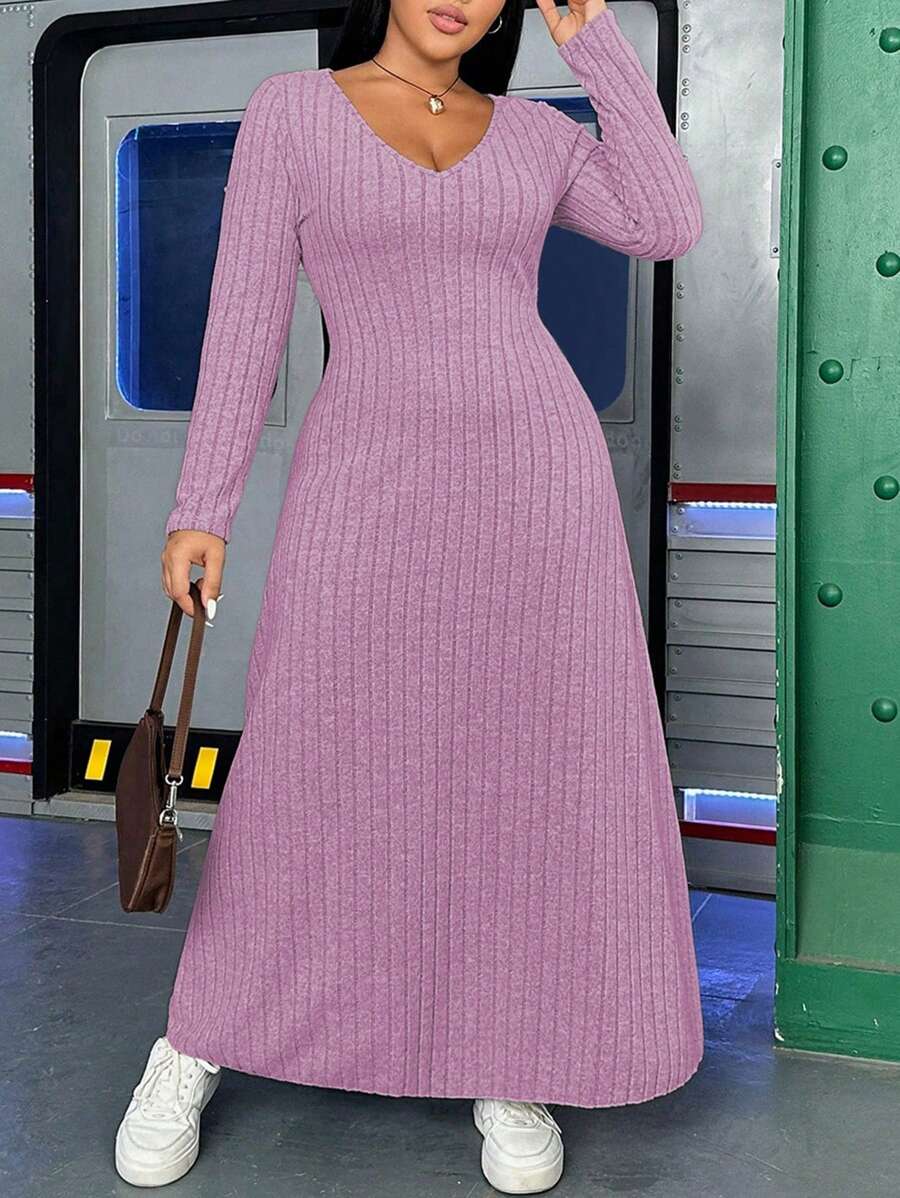 Flirla Kích thước lớn Của phụ nữ Lỏng lẻo phù hợp Sọc Dài Váy Hoodie - Màu tím - Xem 1