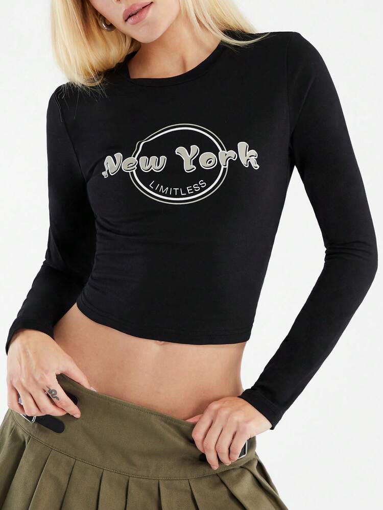 Women's American Casual Street Style Letter Printed Round Neck Long Sleeve Crop Top