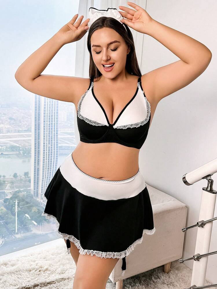 3pcs/Set Plus Size Women's Sexy Color Block Lingerie With Underwire, For Cosplay