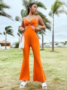 Soleia Women's Ribbed Hollow Out Strappy Jumpsuit With Cut-Out Waist - Orange - View 2