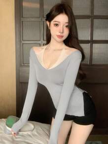 DAZY Áo len dài tay chắp vá ôm sát dành cho nữ, Quần áo mùa thu - Màu xanh nhạt - Xem 6