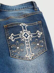 ROMWE Grunge Punk 女士十字绣牛仔喇叭牛仔裤，学校 - 藍色 - 查看 3