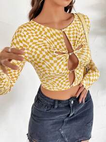 SHEIN Unity Women's Plaid Pattern Long Sleeve Cropped T-Shirt Fall Cloth For Women - Yellow - View 6