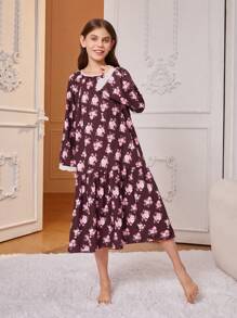 Vestido Feminino Tween Com Estampa Floral Vermelho Vinho Manga Comprida Para Dormir Em Casa