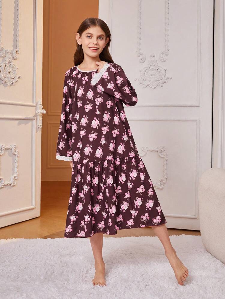 Tween Girls' Wine Red Floral Print Long Sleeve Sleep Dress Home Wear