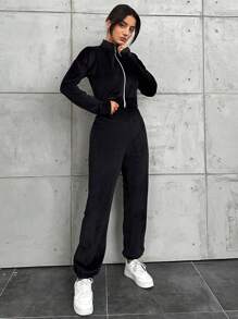 EURMUSE Women'S Zipper Front Jacket And Elastic Waist Long Pants Set - Black - View 5