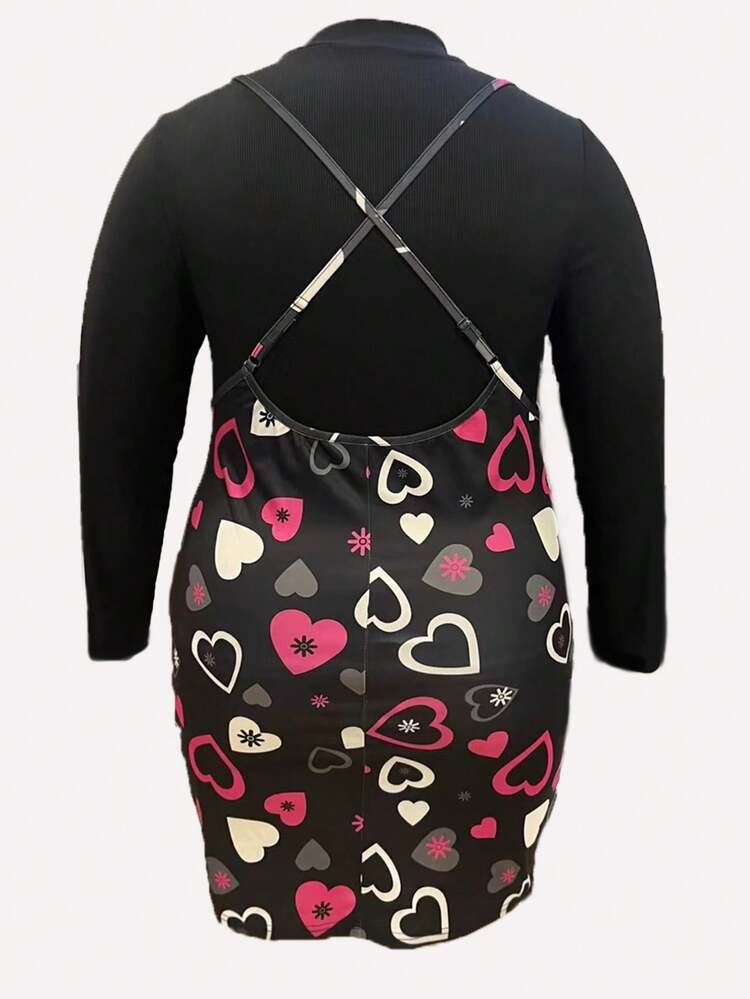 Plus Size Women's Stand Collar Long Sleeve T-Shirt And Heart Printed Skirt 2pcs/Set Fall Cloth For Women