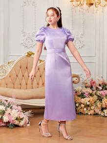 SHEIN 青少年女孩缎面泡泡袖优雅连衣裙 - 紫色 - 查看 4