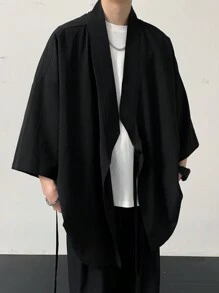 Manfinity Hypemode 男士纯色落肩袖衬衫，宽松短衬衫纯黑色都市日式风格男友礼物 - 黑色 - 查看 4