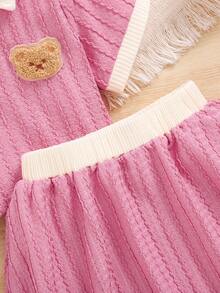 SHEIN Ensemble Haut À Manches Courtes Et Jupe À Motif Ours En Peluche Pour Jeunes Filles - Rose bonbon - Voir 3