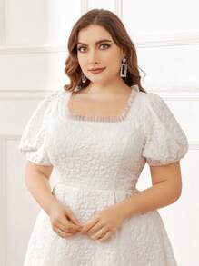 SHEIN Belle Rochie țesătă cu decolteu în U din jacquard, cu pliuri, volane și dantelă decorativă pentru rochie de petrecere pentru femei de dimensiuni mari Rochie de mireasă elegantă, albă, mărime mare - Bej - Vizualizare 7