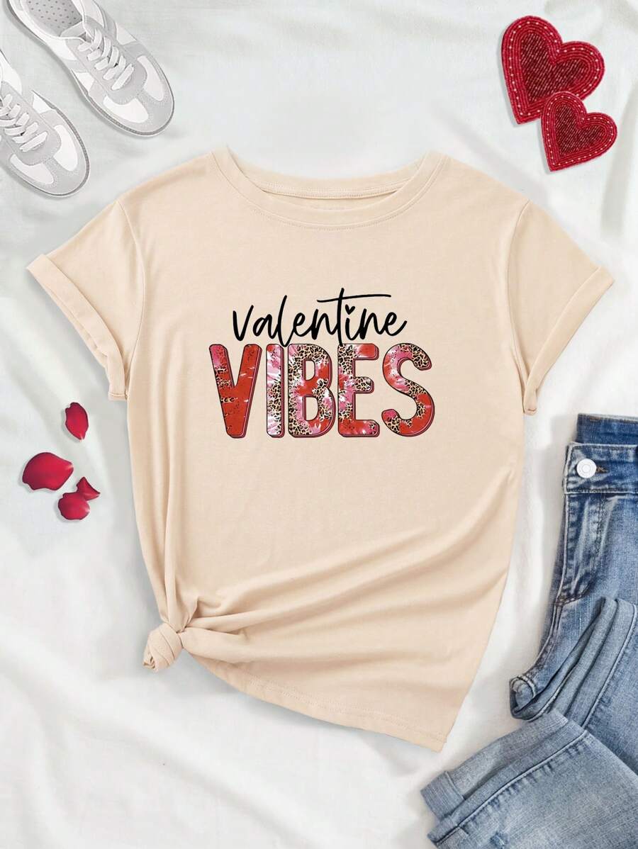 INAWLY In hoa Báo Lá thư In Ngắn tay Áo thun - Màu Khaki - Xem 1