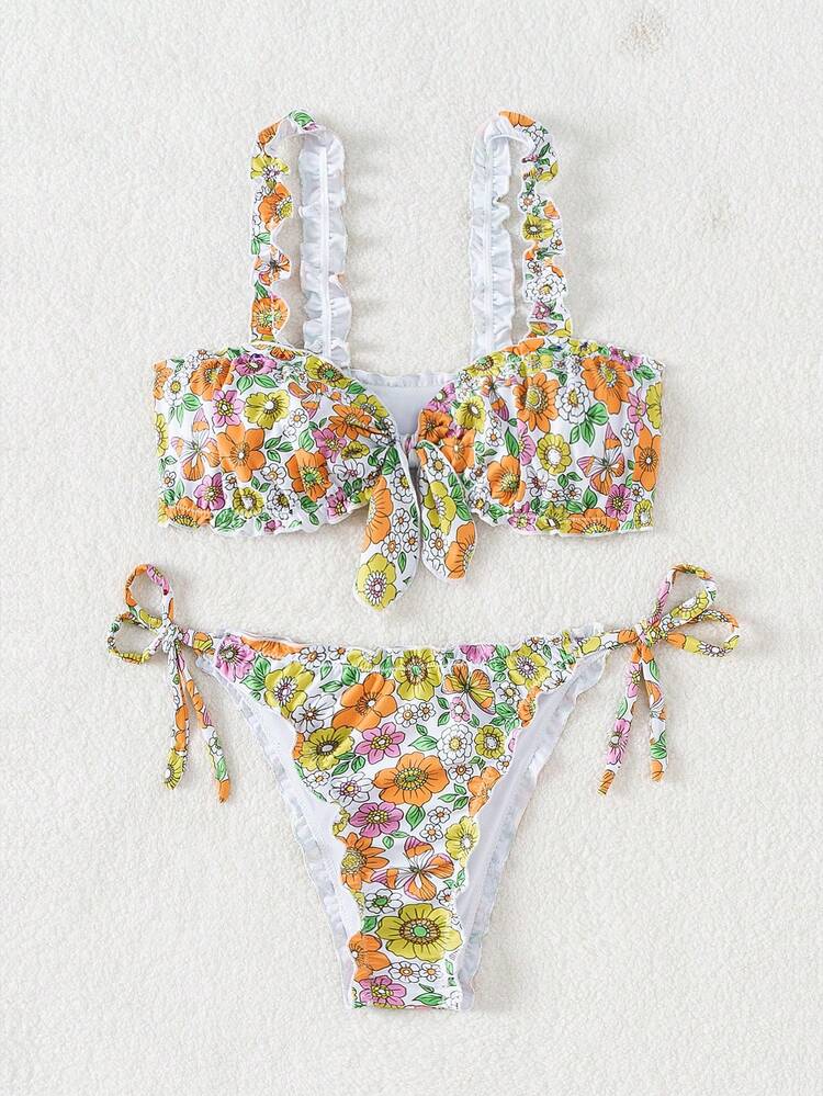 Summer Women's Cottage Core Flower Print Knot Front Two Pieces Bikini Set