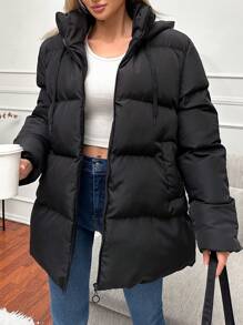 EURMUSE Solid Zip Up Hooded Puffer Coat - Black - View 1