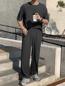 DAZY Nam Màu thuần Vòng cổ Áo thun Và Quần Mùa xuân/Mùa hè Bộ - Màu xám đen - Xem 3