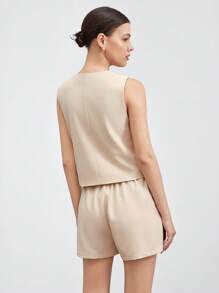 BizChic Bộ vest và quần short cài nút màu trơn dành cho nữ mùa thu/đông - Màu be - Xem 4