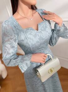 Modelyn Ladies' Floral Jacquard Bell Sleeve Dress - Blue - View 4